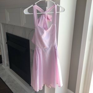 Boutique Seersucker Pink Dress Open Back Bow Tie